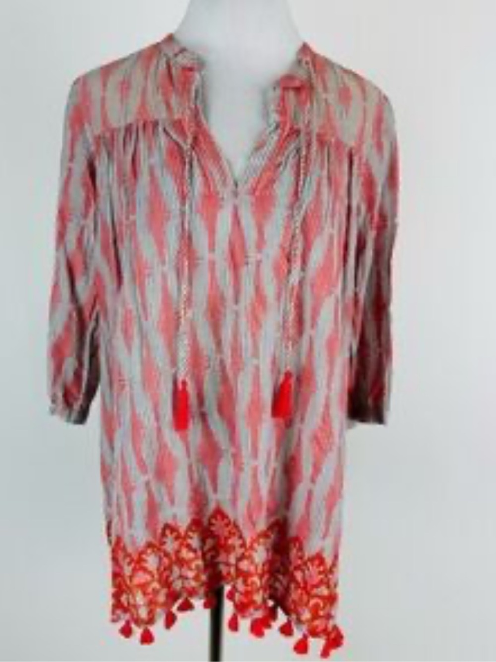 Roberta Roller Rabbit Coral and Cream Patterned Tassel Tunic L